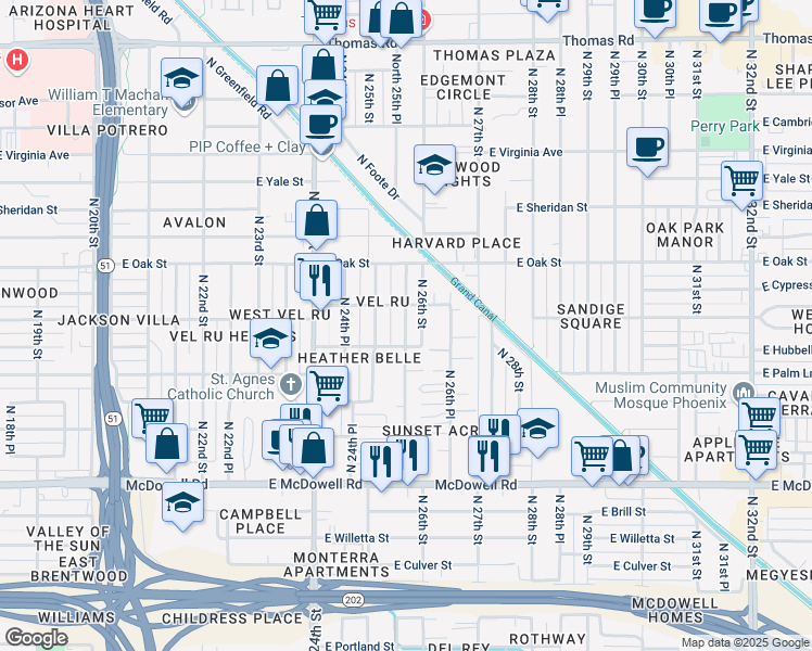 map of restaurants, bars, coffee shops, grocery stores, and more near 2113 North 25th Place in Phoenix