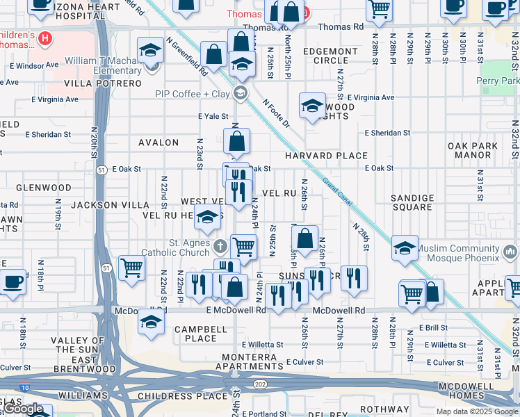 map of restaurants, bars, coffee shops, grocery stores, and more near 2113 North 24th Place in Phoenix