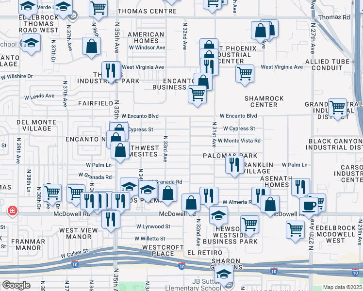 map of restaurants, bars, coffee shops, grocery stores, and more near 3201 West Monte Vista Road in Phoenix