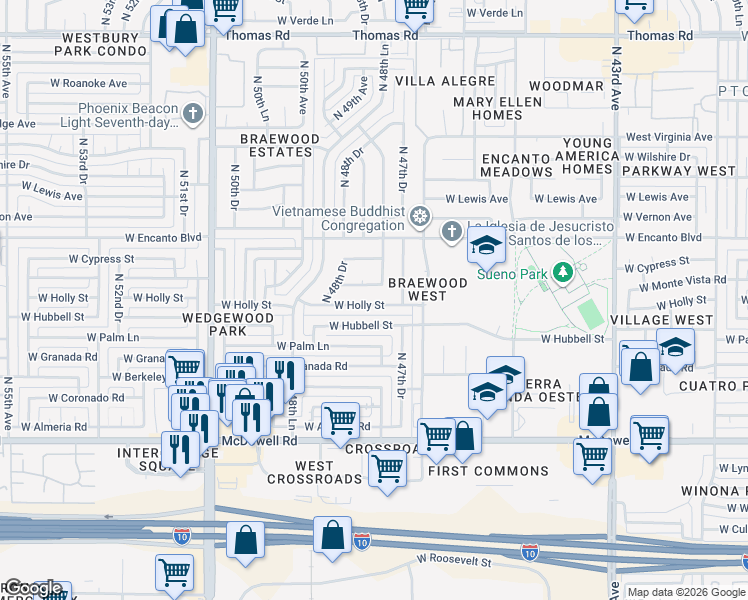 map of restaurants, bars, coffee shops, grocery stores, and more near 4750 West Holly Street in Phoenix
