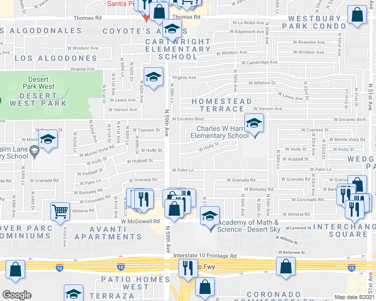 map of restaurants, bars, coffee shops, grocery stores, and more near 5820 West Holly Street in Phoenix