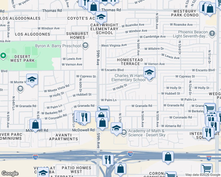 map of restaurants, bars, coffee shops, grocery stores, and more near 5820 West Holly Street in Phoenix