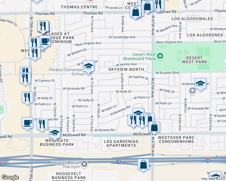 map of restaurants, bars, coffee shops, grocery stores, and more near 6932 West Holly Street in Phoenix