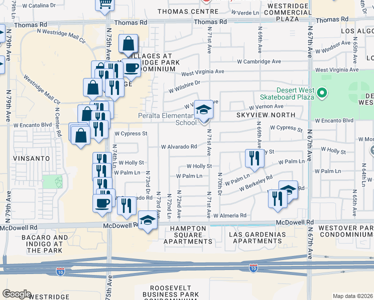 map of restaurants, bars, coffee shops, grocery stores, and more near 7133 West Alvarado Road in Phoenix
