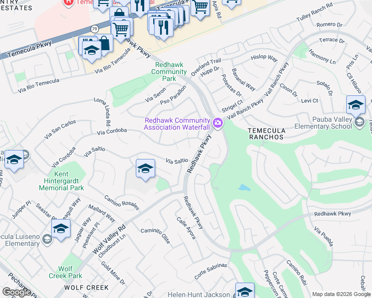 map of restaurants, bars, coffee shops, grocery stores, and more near 45095 Corte Carolina in Temecula
