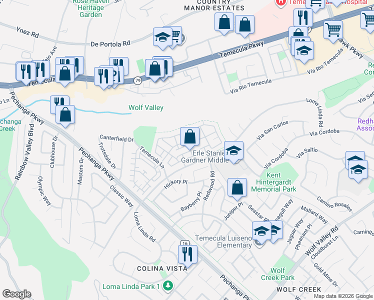 map of restaurants, bars, coffee shops, grocery stores, and more near 31182 Lavender Court in Temecula