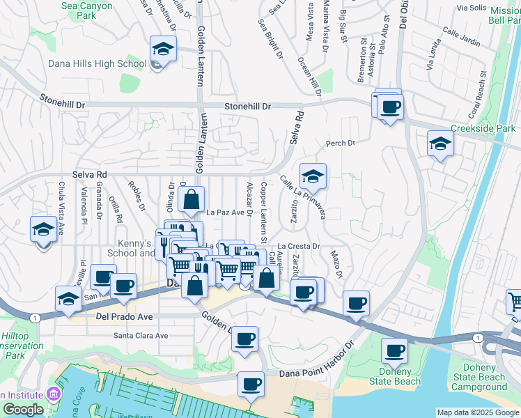 map of restaurants, bars, coffee shops, grocery stores, and more near 33862 Alcazar Drive in Dana Point