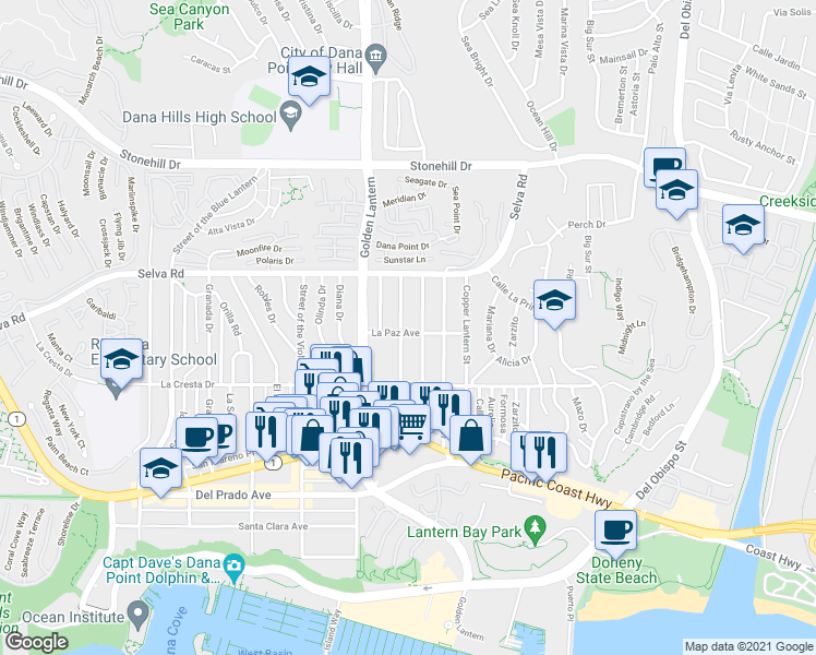 map of restaurants, bars, coffee shops, grocery stores, and more near 33856 Silver Lantern Street in Dana Point