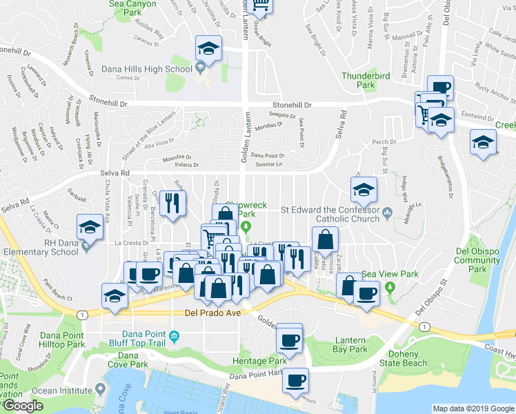 map of restaurants, bars, coffee shops, grocery stores, and more near 24762 La Paz Avenue in Dana Point