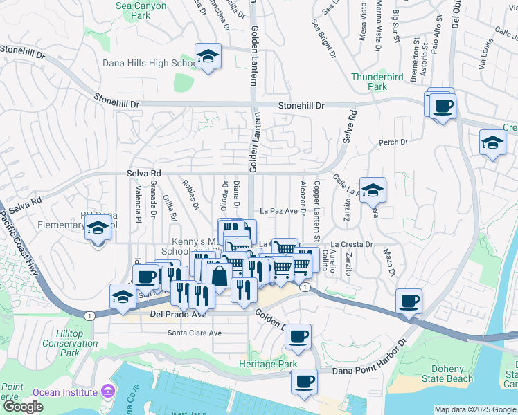 map of restaurants, bars, coffee shops, grocery stores, and more near 24762 La Paz Avenue in Dana Point