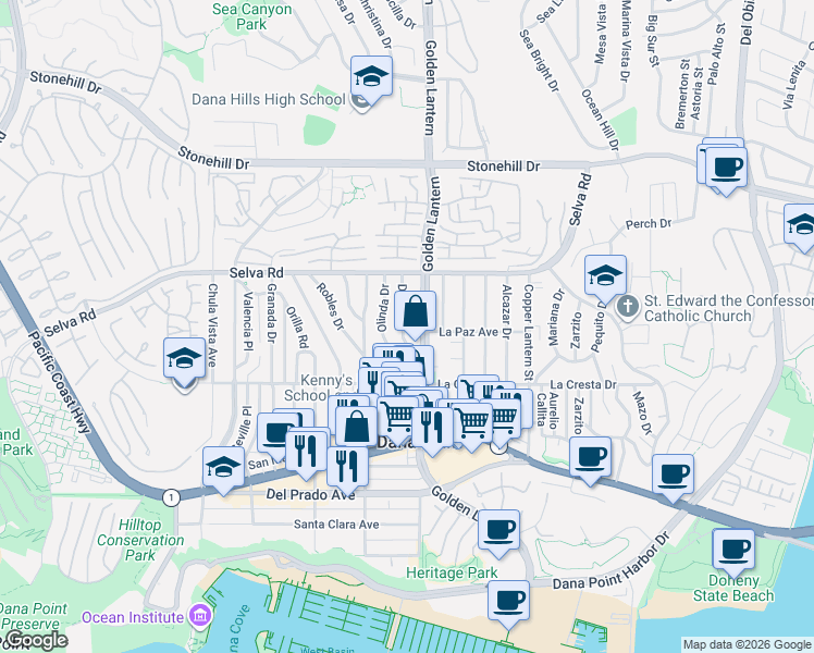 map of restaurants, bars, coffee shops, grocery stores, and more near 33861 Diana Drive in Dana Point