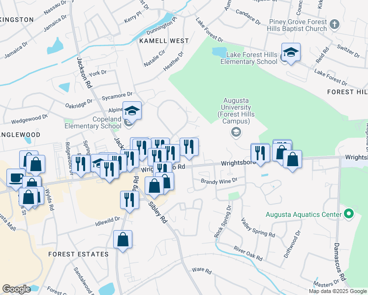 map of restaurants, bars, coffee shops, grocery stores, and more near 238 Fox Trace in Augusta