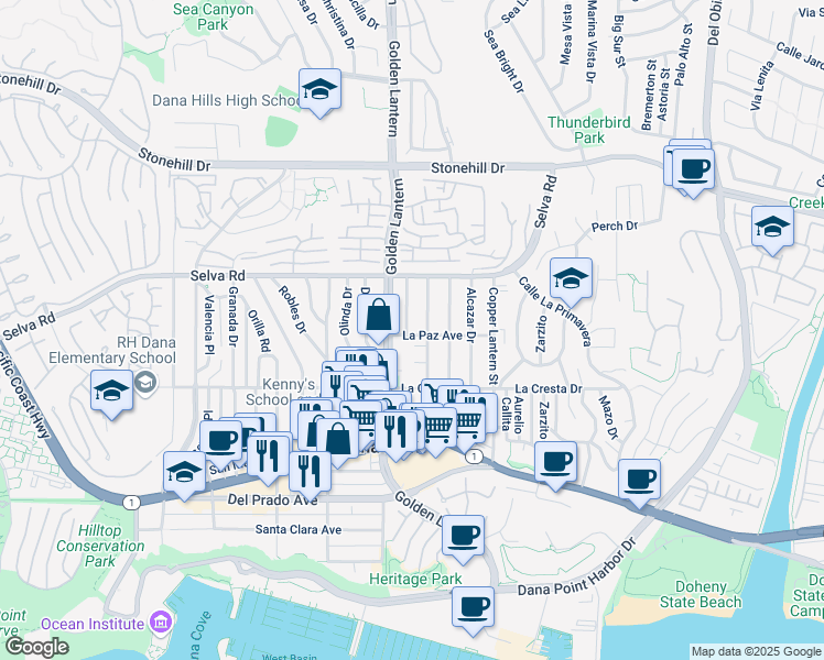 map of restaurants, bars, coffee shops, grocery stores, and more near 24831 La Paz Avenue in Dana Point