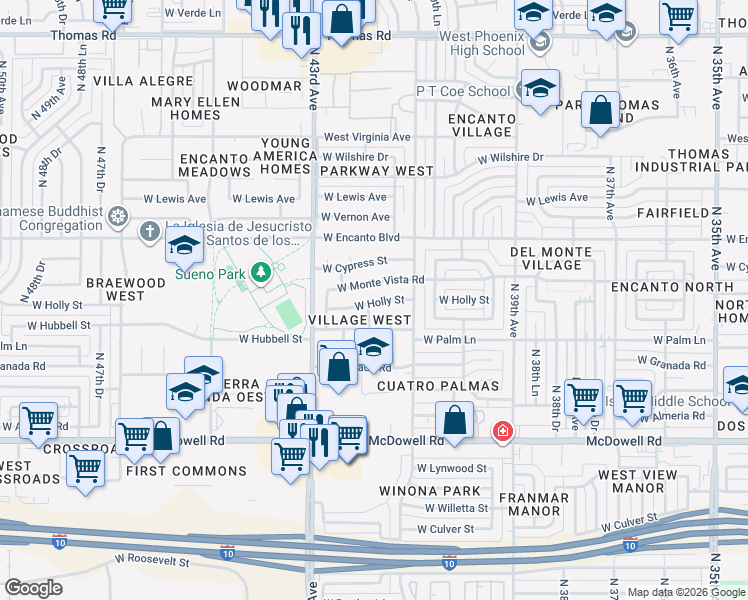 map of restaurants, bars, coffee shops, grocery stores, and more near 4136 West Holly Street in Phoenix