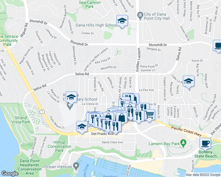 map of restaurants, bars, coffee shops, grocery stores, and more near 33858 El Encanto Avenue in Dana Point