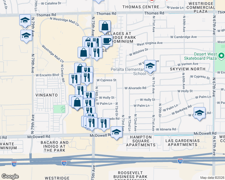 map of restaurants, bars, coffee shops, grocery stores, and more near 2041 North 73rd Lane in Phoenix