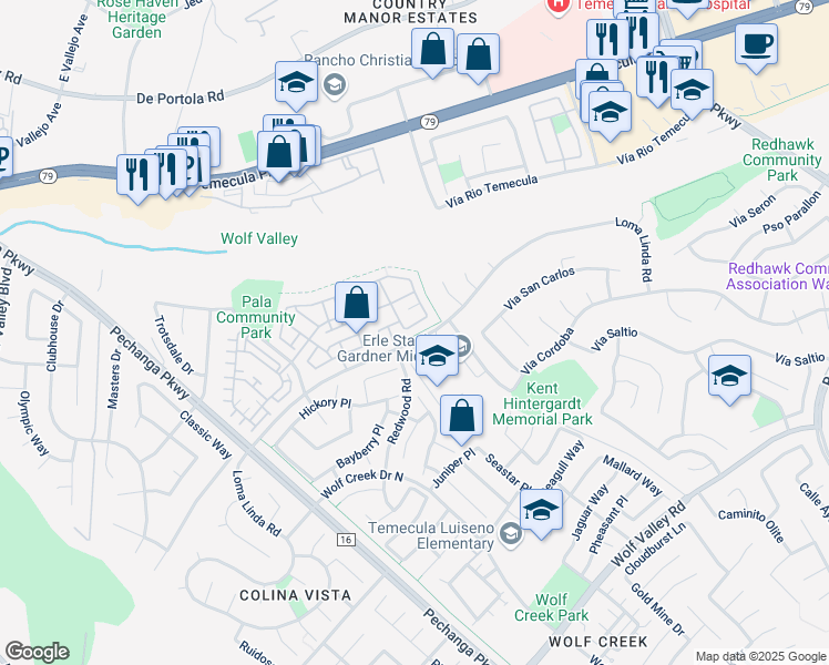 map of restaurants, bars, coffee shops, grocery stores, and more near 44941 Checkerbloom Drive in Temecula