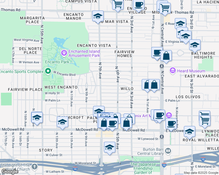 map of restaurants, bars, coffee shops, grocery stores, and more near 521 West Monte Vista Road in Phoenix