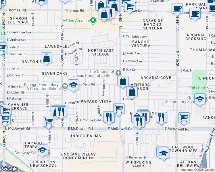 map of restaurants, bars, coffee shops, grocery stores, and more near 2062 North 39th Street in Phoenix