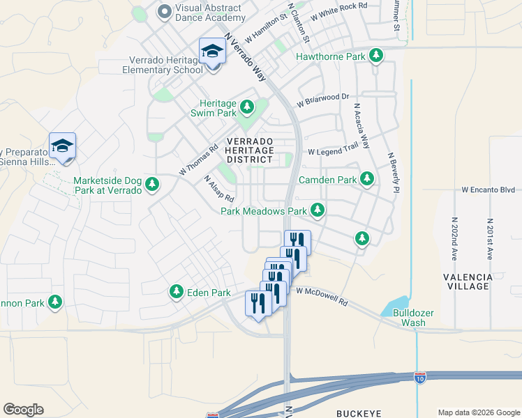 map of restaurants, bars, coffee shops, grocery stores, and more near 2215 North Heritage Street in Buckeye