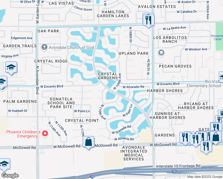 map of restaurants, bars, coffee shops, grocery stores, and more near 2034 North 109th Avenue in Avondale