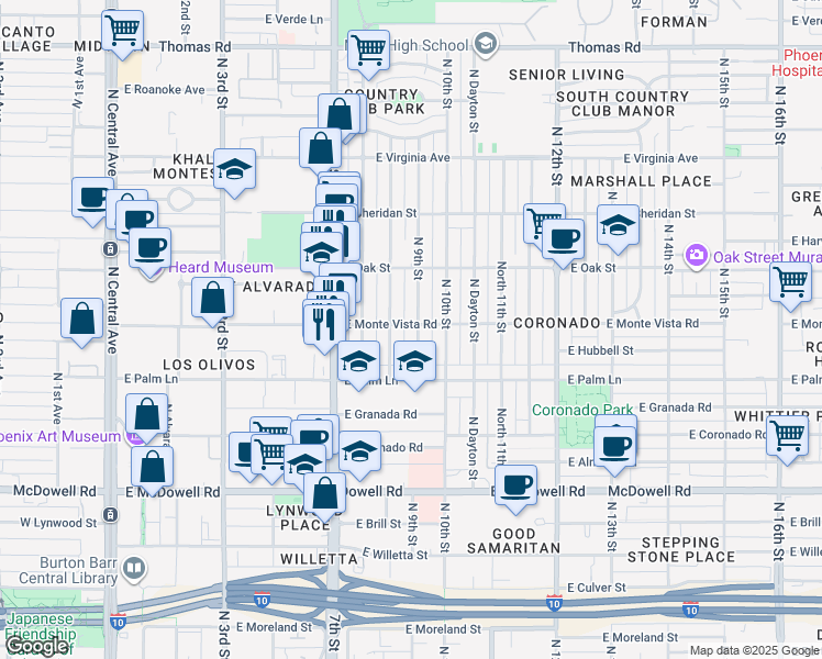 map of restaurants, bars, coffee shops, grocery stores, and more near 2046 North 9th Street in Phoenix