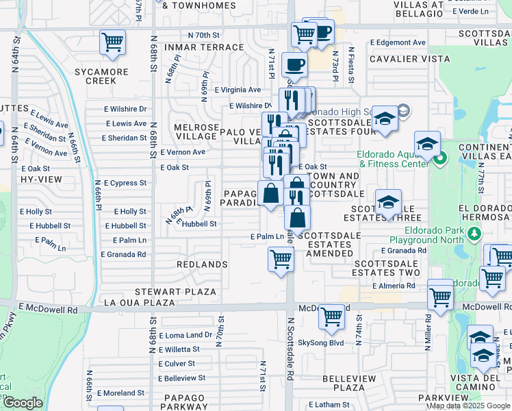 map of restaurants, bars, coffee shops, grocery stores, and more near 2044 North 71st Street in Scottsdale