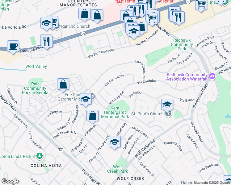 map of restaurants, bars, coffee shops, grocery stores, and more near 45059 Corte Bravo in Temecula