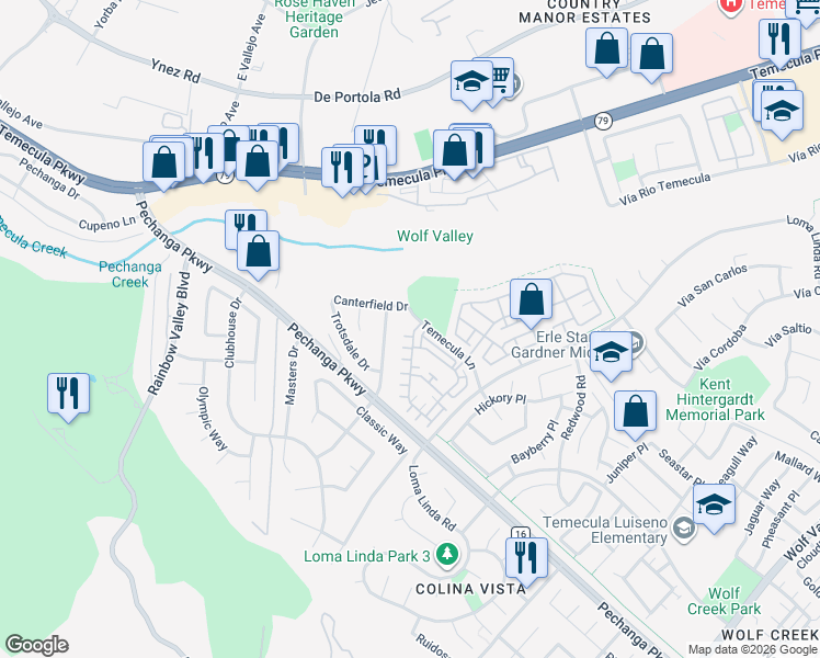 map of restaurants, bars, coffee shops, grocery stores, and more near 45055 Via Vela in Temecula