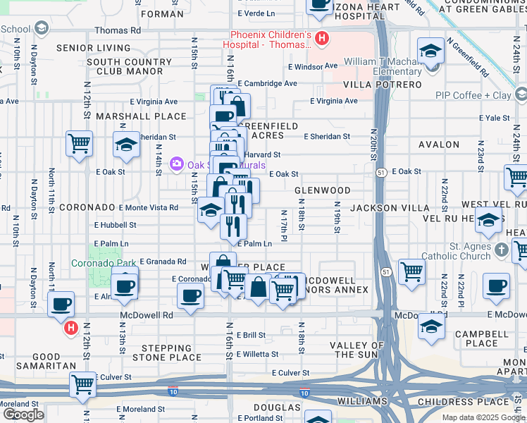 map of restaurants, bars, coffee shops, grocery stores, and more near 2048 North 17th Street in Phoenix