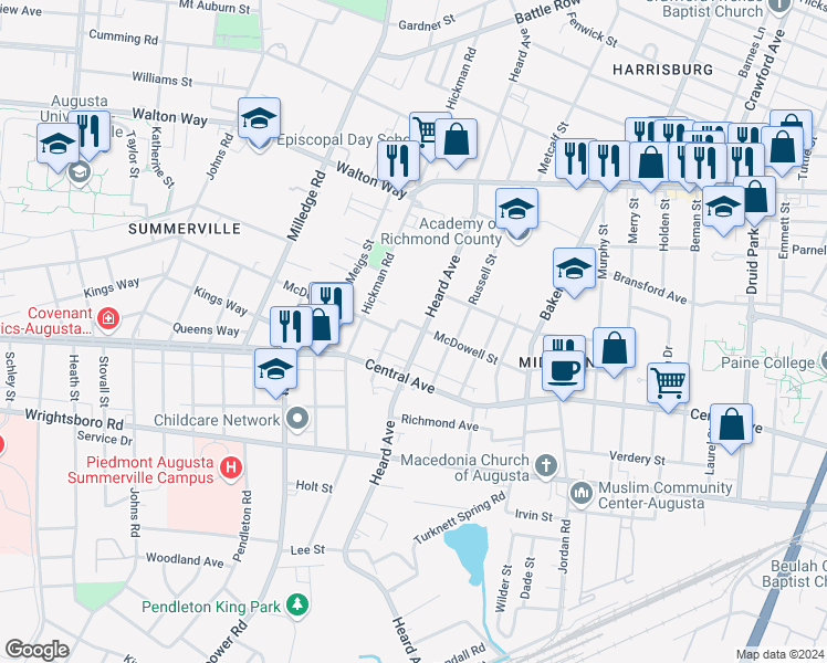 map of restaurants, bars, coffee shops, grocery stores, and more near 2046 Mcdowell St in Augusta