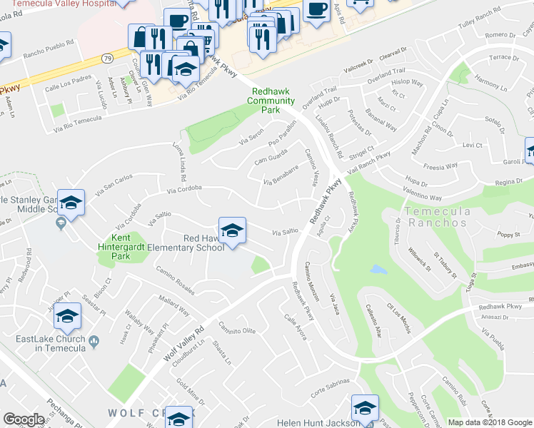 map of restaurants, bars, coffee shops, grocery stores, and more near 32115 Vía Cordoba in Temecula