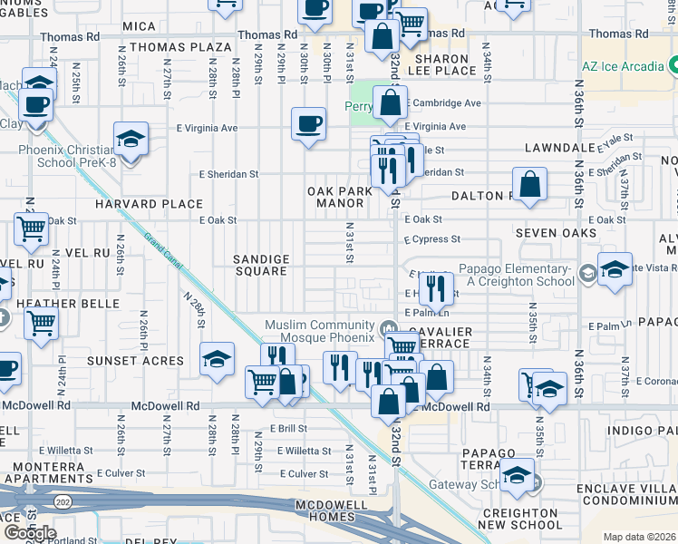 map of restaurants, bars, coffee shops, grocery stores, and more near 3101 East Monte Vista Road in Phoenix