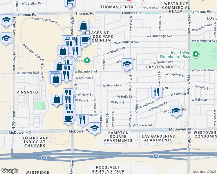 map of restaurants, bars, coffee shops, grocery stores, and more near 7213 West Alvarado Road in Phoenix