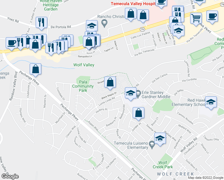map of restaurants, bars, coffee shops, grocery stores, and more near 44958 Bellflower Lane in Temecula