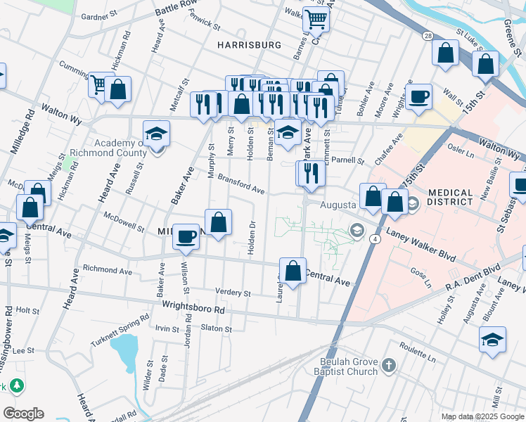 map of restaurants, bars, coffee shops, grocery stores, and more near 1209 Beman Street in Augusta