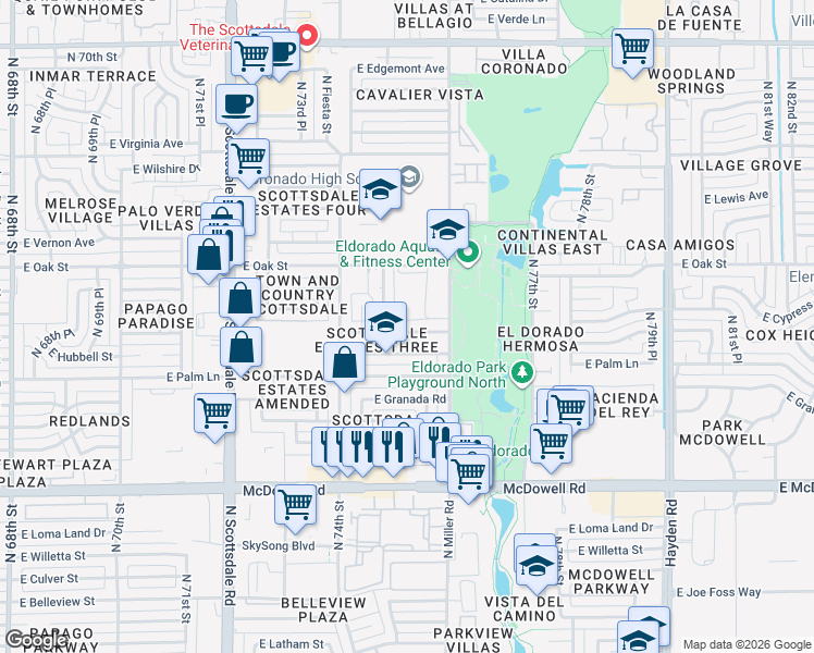 map of restaurants, bars, coffee shops, grocery stores, and more near 7504 East Holly Street in Scottsdale