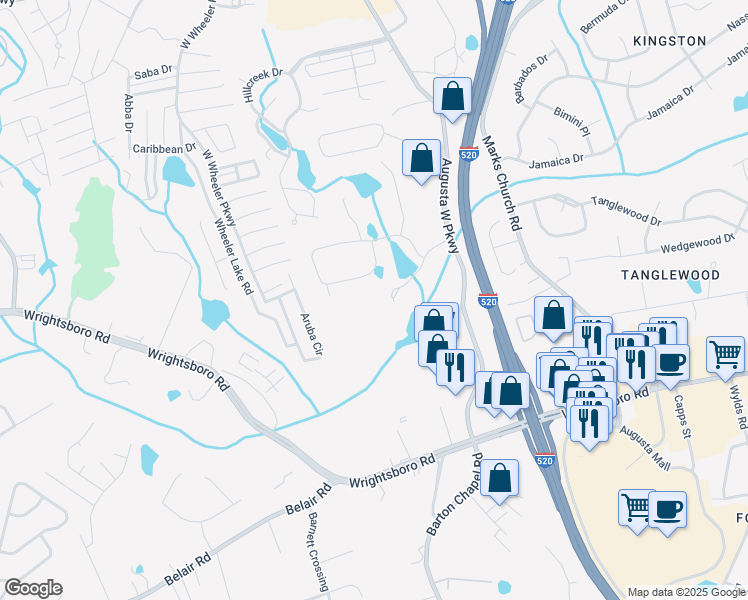 map of restaurants, bars, coffee shops, grocery stores, and more near 1027 Amli Way in Augusta