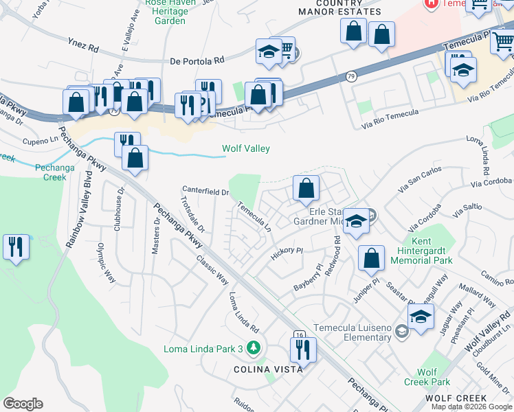map of restaurants, bars, coffee shops, grocery stores, and more near 31054 Strawberry Tree Lane in Temecula