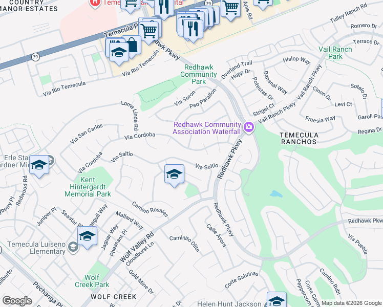 map of restaurants, bars, coffee shops, grocery stores, and more near 32095 Vía Cordoba in Temecula