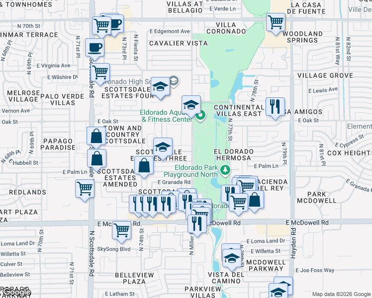 map of restaurants, bars, coffee shops, grocery stores, and more near 7538 East Holly Street in Scottsdale