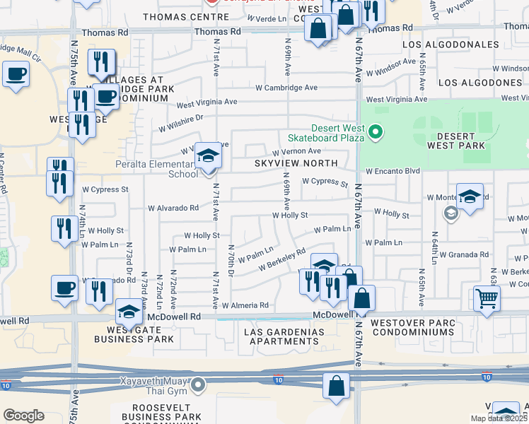 map of restaurants, bars, coffee shops, grocery stores, and more near 6932 West Holly Street in Phoenix