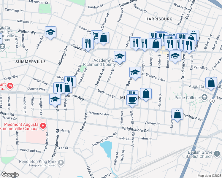 map of restaurants, bars, coffee shops, grocery stores, and more near 1007 Adrian Street in Augusta