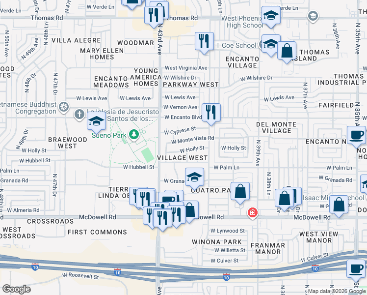 map of restaurants, bars, coffee shops, grocery stores, and more near 4136 West Holly Street in Phoenix