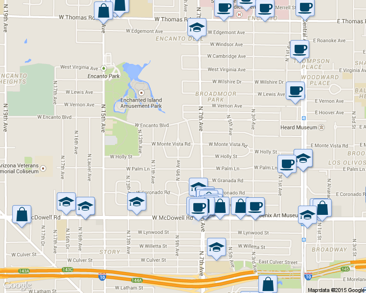 map of restaurants, bars, coffee shops, grocery stores, and more near 745 West Monte Vista Road in Phoenix