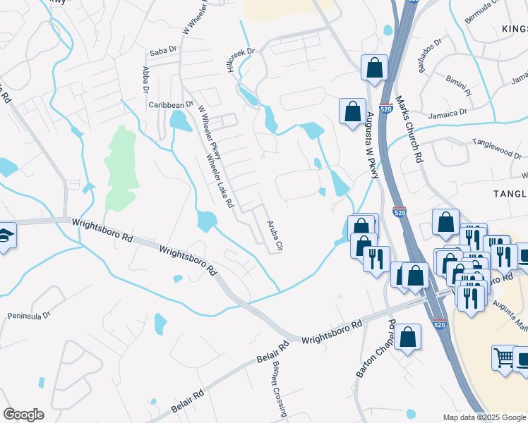 map of restaurants, bars, coffee shops, grocery stores, and more near 5262 Aruba Circle in Augusta