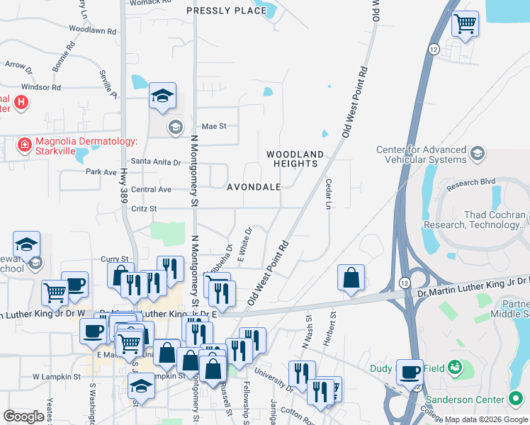 map of restaurants, bars, coffee shops, grocery stores, and more near 500-598 Critz St in Starkville