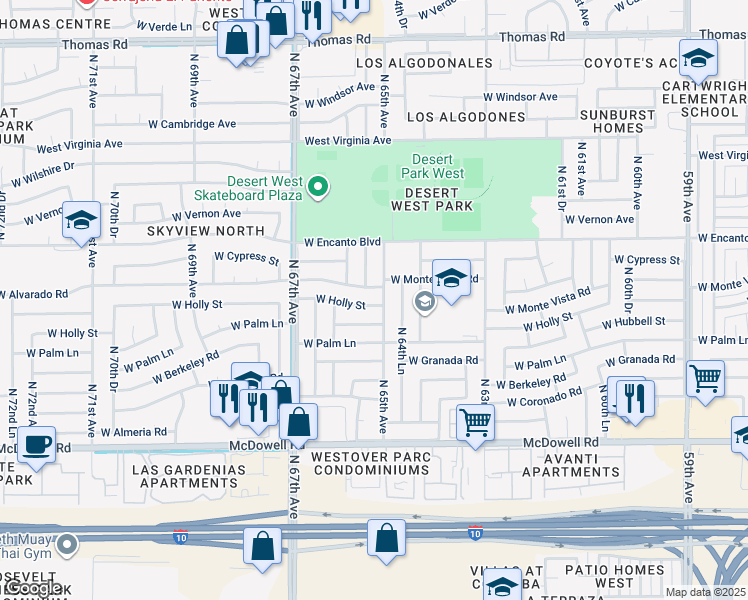 map of restaurants, bars, coffee shops, grocery stores, and more near 6508 West Holly Street in Phoenix