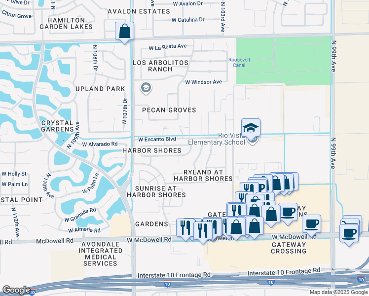 map of restaurants, bars, coffee shops, grocery stores, and more near 10521 West Alvarado Road in Avondale