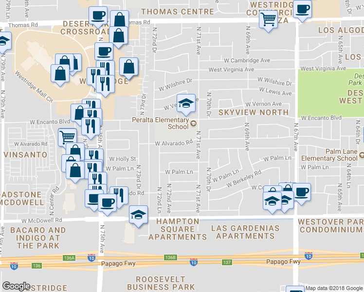 map of restaurants, bars, coffee shops, grocery stores, and more near 7133 West Alvarado Road in Phoenix
